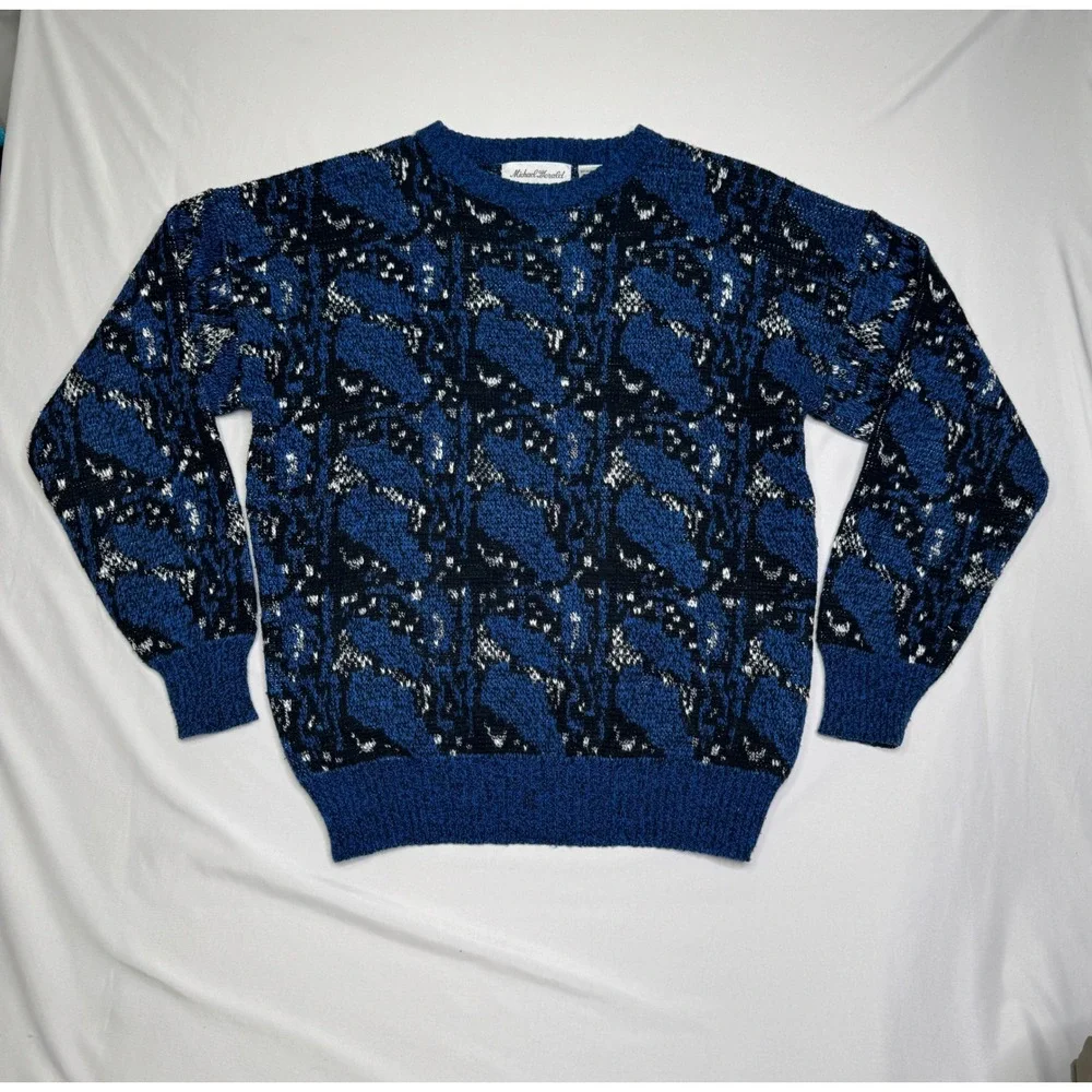 Vintage Michael Gerald Mens XL Crewneck Sweater Blue Black Abstract Grandpacore
